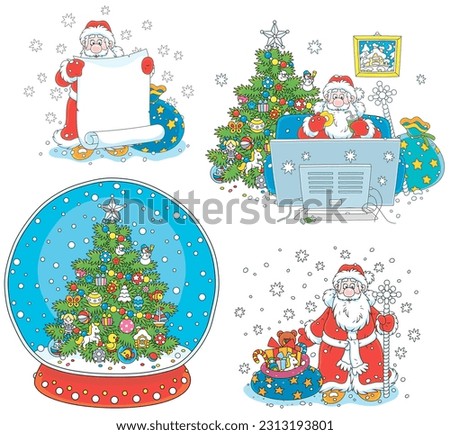 cartoon set of a decorated toy Christmas tree and Santa Claus with his bag of gifts, watching TV, holding paper for a holiday announcement