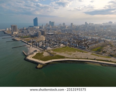 Magnificent aerial shot along shoreline in Atlantic City, NJ
