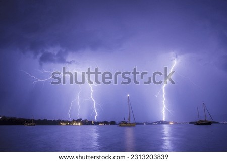 lightning night show, summer storm, above old port of Corfu