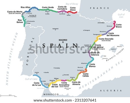 Spain, beaches and coastlines of the Spanish Riviera, political map. Spanish mainland on Iberian Peninsula, with the touristic names of seventeen famous beaches, such as Costa Blanca or Costa del Sol. Royalty-Free Stock Photo #2313207641