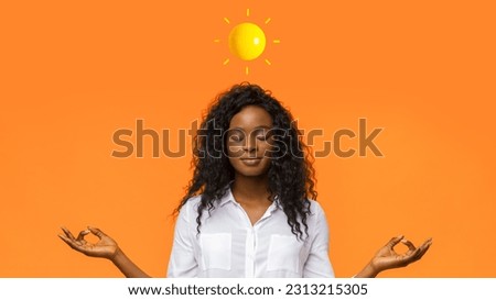 Hormonal Balance. Calm Black Woman Meditating With Closed Eyes On Orange Background With Sun Emoji Above Head, Smiling African American Lady Practicing Yoga Or Coping With Stress, Collage Royalty-Free Stock Photo #2313215305