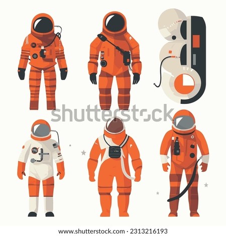 Set of cosmonaut icons in a flat design style, rendered as minimalistic vector graphics on a clean white background. Collection of cosmonauts in various poses and actions, adventurous spirit of space Royalty-Free Stock Photo #2313216193