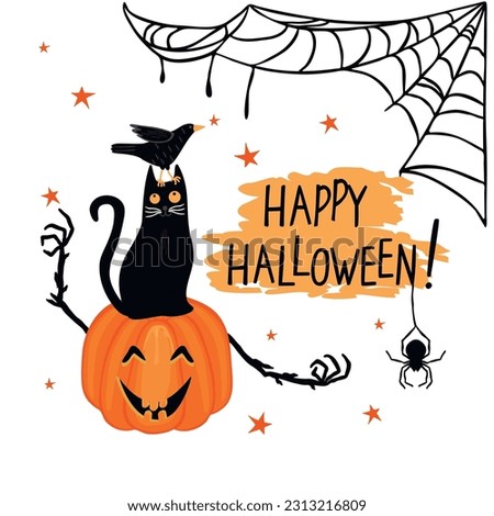 Happy Halloween!Greeting card or poster with orange pumpkin  lantern, black cat, raven, cobweb and spider.Hand written text.Clip art for holiday events.Vector flat illustration on a white background.