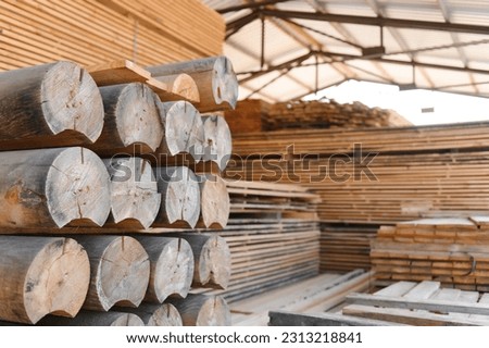Round timber logs for building wooden house. Removing bark from logs using a machine. Pattern of logs. Woodworking factory. Lumber Industry.