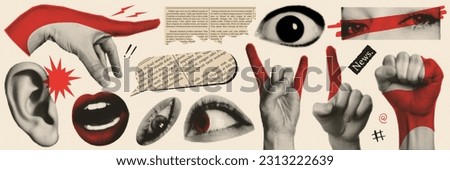 Trendy vintage collage. Halftone lips, eyes, hands, ear. Retro newspaper and torn paper. Elements for banners, poster, sosial media. Vector. Royalty-Free Stock Photo #2313222639
