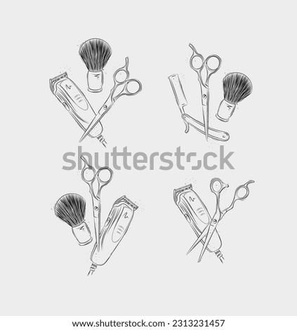 Barbershop haircut and shave collection with clipper, trimmer, blade, shaving brush, scissors, comb, straight razor, barber pole drawing on light background
