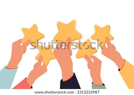 Vector of Hand giving five star rating. Customers choose a satisfaction rating and leave positive feedback. Concept of customer service and user experience. Flat isometric vector illustration.