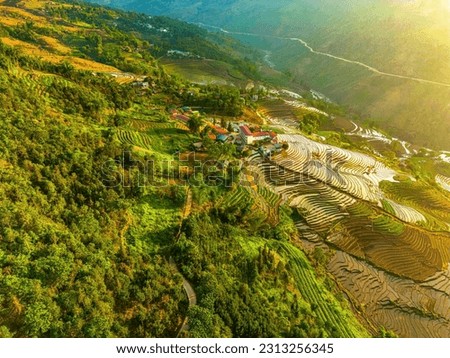 Aerial image of rice terraces in Ngai Thau, Y Ty, Lao Cai province, Vietnam. Landscape panorama of Vietnam, terraced rice fields of Ngai Thau. Spectacular rice fields. Stitched panorama shot