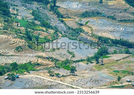 Aerial image of rice terraces in Thien Sinh valley, Y Ty, Lao Cai province, Vietnam. Landscape panorama of Vietnam, terraced rice fields of Thien Sinh. Spectacular rice fields. Stitched panorama shot