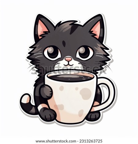 Cute cartoon cat drinking coffee