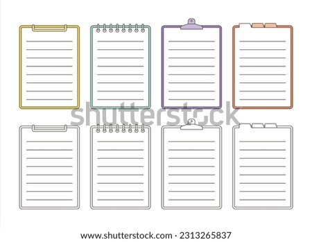 A set of note and vine illustrations with lines in a simple and minimal style. Divided into springs, clips, and indexes. Royalty-Free Stock Photo #2313265837
