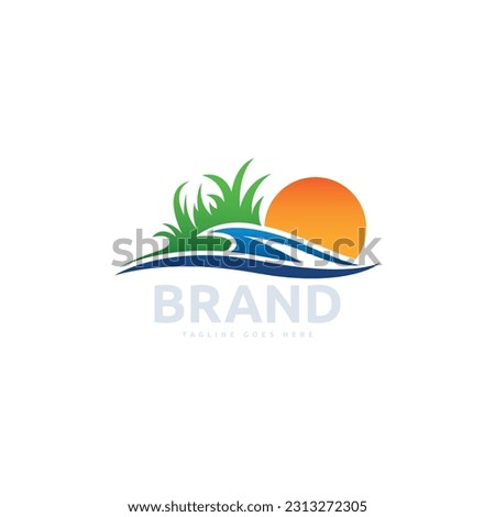 Green Grass Farm Field with Natural Sea and Sun for Nature Landscape logo design