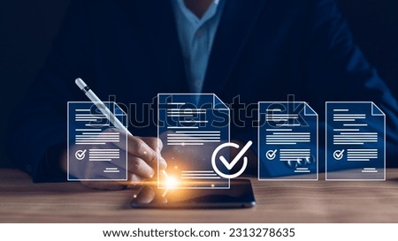 Manager is verifying the validity, security, approving requests, quality assurance, investment contracts. Online digital document work, paperless office. online survey. Checking mark up on check boxes