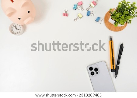 Styled stock photography white office desk table Top view with copy space. Flat lay.