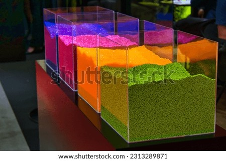 multi-colored polypropylene granules. Plastics and polymer industry, industry. Microplastic products. Plastpol Fair, Royalty-Free Stock Photo #2313289871
