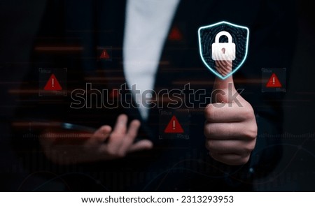 Businesswoman protect digital data asset information and online transaction from dangerous and incorrect data connection, Cyber attack global internet network technology, finance transaction security.