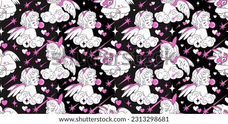 Retro glamour wallpaper with cupid angels, hearts, stars. Fun Y2k love paradise aesthetic. Black, pink and white graphic. Glam teen girl style. 90s, 00s tile background.