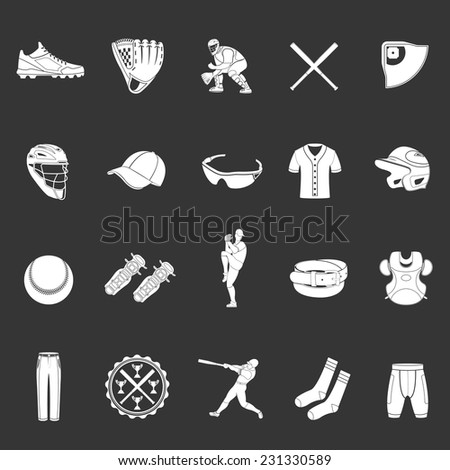 Set of vector icons of baseball on a dark isolated background. Equipment, accessories, clothing and players. Stock Vector.