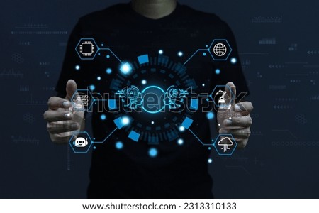 Man and artificial intelligence is generated value output by command prompt input or natural language processing function. Futuristic technology and AI role effected. Royalty-Free Stock Photo #2313310133