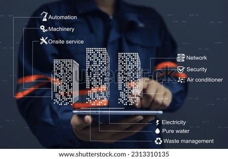 Engineer work on building inspections or infrastructure maintenance plans. facility management plans. such as water supply, electricity, air conditioning, internet, security system reharzal emergency. Royalty-Free Stock Photo #2313310135