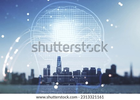 Double exposure of creative artificial Intelligence hologram on San Francisco city skyscrapers background. Neural networks and machine learning concept