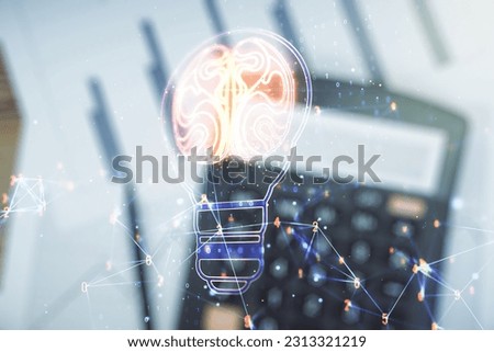 Double exposure of abstract virtual creative light bulb hologram with human brain on blurry calculator background, idea and brainstorming concept