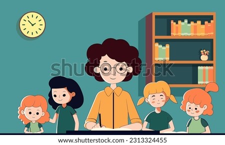 Vector Illustration of Female Teacher In Classroom With Her Students On Blue Background.