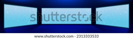 Realistic three LED screens on stage. Vector illustration of large LCD displays with glowing neon blue and white dot lights. Performance background, concert hall, modern theater, night club decoration Royalty-Free Stock Photo #2313333533
