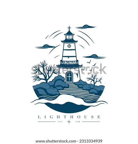 Lighthouse in the ocean on the small rocky island vector logo emblem. Lighthouse tower mascot.
