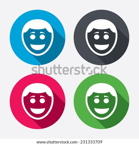 Smile face sign icon. Happy smiley with hairstyle chat symbol. Circle buttons with long shadow. 4 icons set.