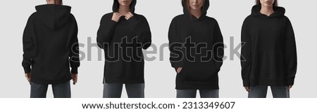 Mockup of a fashionable black long hoodie for a girl, streetwear for brand, design, commerce. Template of a female stylish longsleeve, isolated on the background. Set of clothes, product photography Royalty-Free Stock Photo #2313349607