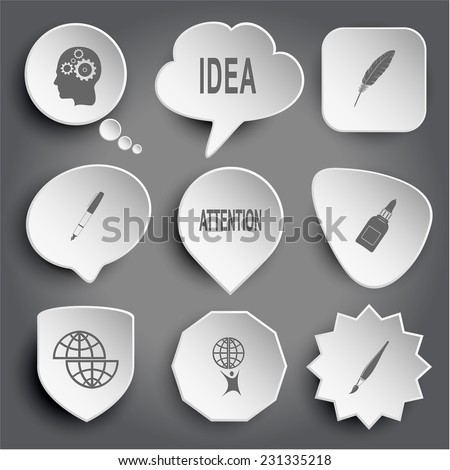 Human brain, idea, feather, ink pen, attention, glue bottle, shift globe, little man with globe, brush. White vector buttons on gray.