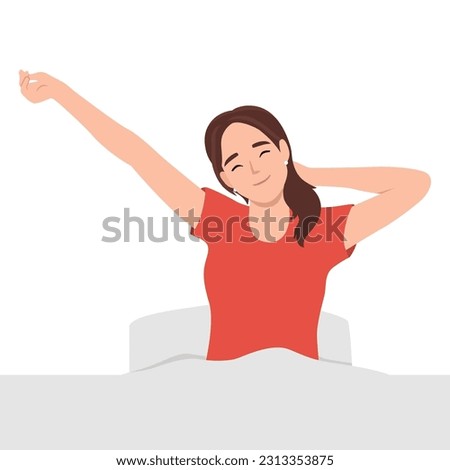 Woman stretching in bed after waking up, entering a day happy and relaxed after good night sleep. Sweet dreams, good morning. Flat vector illustration isolated on white background Royalty-Free Stock Photo #2313353875