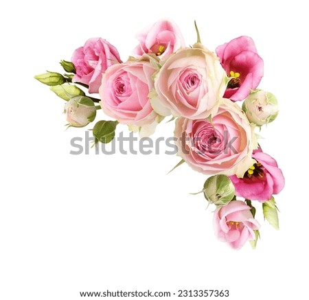 Pink rose and eustoma flowers in a corner floral arrangement isolated on white Royalty-Free Stock Photo #2313357363