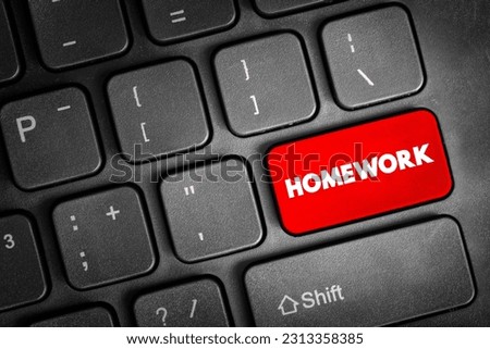 Homework text button on keyboard, education concept background Royalty-Free Stock Photo #2313358385