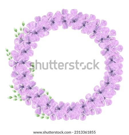 Purple abstract cherry blossom wreath. Hand drawn watercolor isolated on white background. Can be used for cards, patterns, label