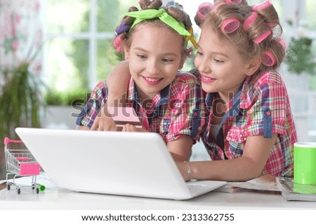 Cute twin girls in hair curlers with laptop shopping online