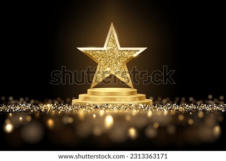 Golden three step podium with star glowing. Gold stage with glitter and light smoke on dark background. Hollywood fame in film and cinema or championship in sport vector illustration.
