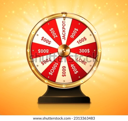 Golden wheel of fortune for lottery game or casino. Chance to win prize in lucky roulette. Vector realistic illustration of gold fortune wheel with money numbers and jackpot on shiny background Royalty-Free Stock Photo #2313363483
