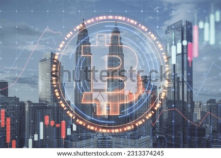 Glowing round bitcoin sign and forex chart hologram on blurry city skyline background. Cryptocurrency, metaverse and blockchain concept. Double exposure