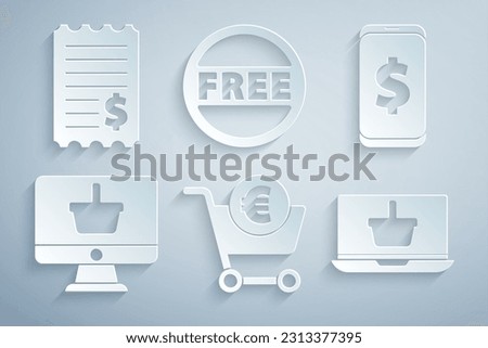 Set Shopping cart and euro, Smartphone with dollar, Monitor shopping basket, laptop, Price tag Free and Paper check financial check icon. Vector