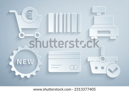 Set Credit card, Cash register machine, Price tag with text New, Shopping basket check mark, Barcode and cart and euro icon. Vector