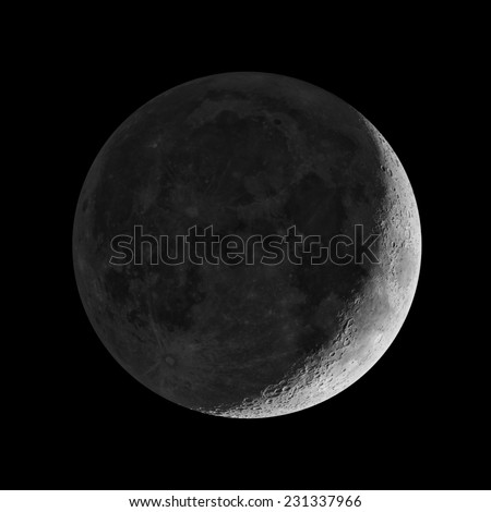 Moon on a black 0 0 0 background. Sharp details - photographed through a telescope. 