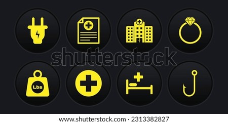 Set Weight pounds, Diamond engagement ring, Medical cross circle, Hospital bed, hospital building and Clinical record icon. Vector