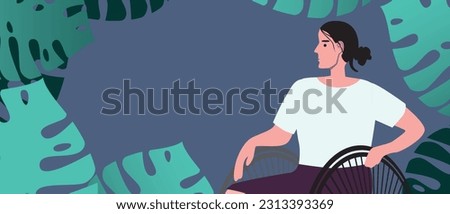 Natural disabled woman in a wheelchair with tropical leaves as a concept of health and femininity. flat vector stock illustration or copy space template