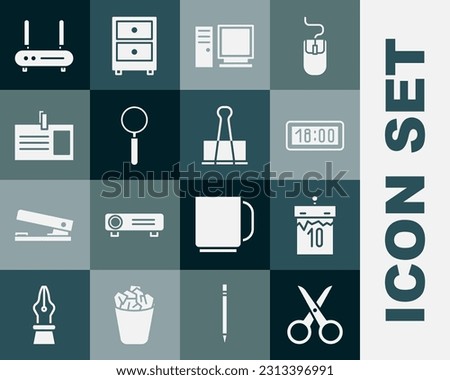 Set Scissors, Calendar, Digital alarm clock, Computer monitor, Magnifying glass, Identification badge, Router and wi-fi signal and Binder clip icon. Vector