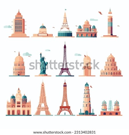 Famous landmarks from around the world, such as the Eiffel Tower, Taj Mahal, Statue of Liberty, or Great Wall of China. These illustrations could be used in travel-related articles, brochures, or soci Royalty-Free Stock Photo #2313402831