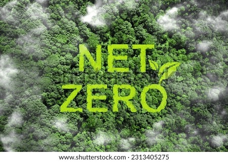 Net zero and carbon neutral concept.Net Zero text on green grass with forest for net zero greenhouse gas emissions target Climate neutral long term strategy on a green background. Carbon Neutrality. Royalty-Free Stock Photo #2313405275