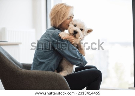 Close up view of cheerful caucasian lady in denim shirt snuggling into soft dog's coat while resting at home. Smiling young pet lover being overwhelmed with tenderness and care for small terrier. Royalty-Free Stock Photo #2313414465