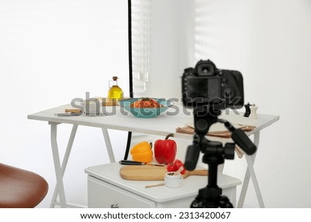 Professional camera and composition with spaghetti in photo studio. Food photography